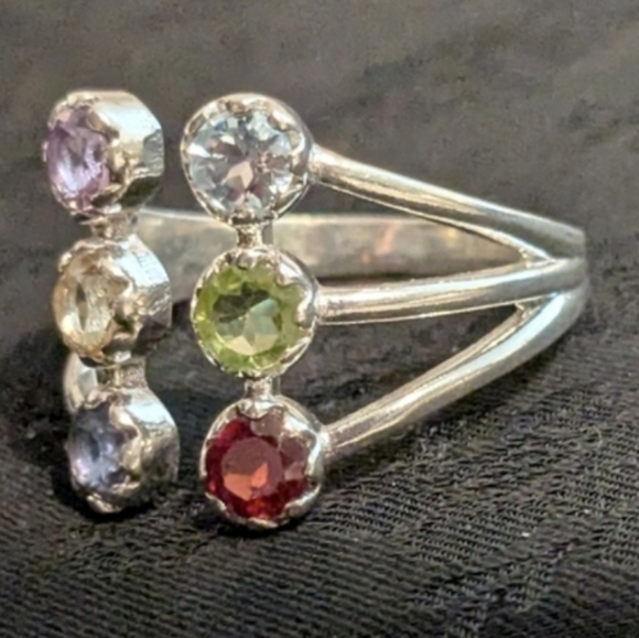 Rare 925 Solid Sterling Silver Colorful Multi Gemstone Ring Size 9 - Picture 2 of 6